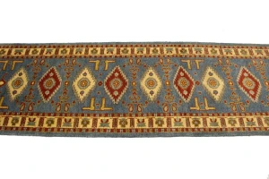 Blue-gray Geometric 3X10 Kazak Oriental Runner Rug