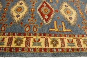 Blue-gray Geometric 3X10 Kazak Oriental Runner Rug