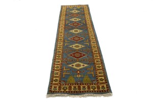 Blue Geometric 3X10 Kazak Oriental Runner Rug