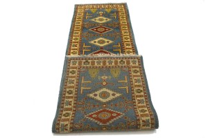 Blue Geometric 3X10 Kazak Oriental Runner Rug
