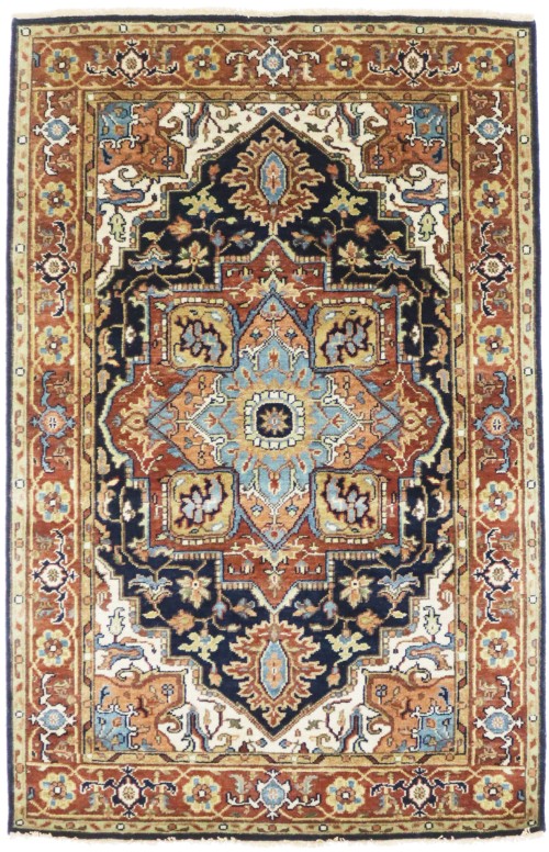 Dark Navy Geometric 4X6 Heriz Serapi Oriental Rug