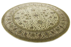 Cream Beige Floral 8X8 Indo-Tabriz Oriental Round Rug