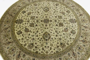 Cream Beige Floral 8X8 Indo-Tabriz Oriental Round Rug