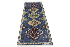 Blue Tribal 3X8 Kazak Oriental Runner Rug