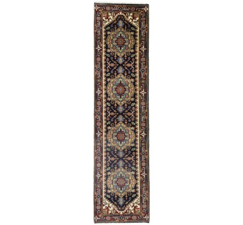 Dark Navy Floral 3X10 Heriz Serapi Oriental Runner Rug