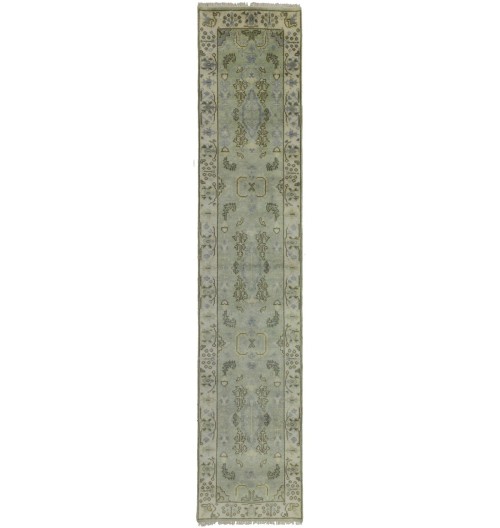 Light Green Floral 2'6X12 Oushak Chobi Oriental Runner Rug