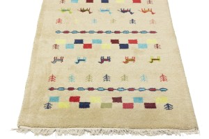 Cream/Beige Pictorial Tribal 3X10 Indo-Gabbeh Oriental Runner Rug