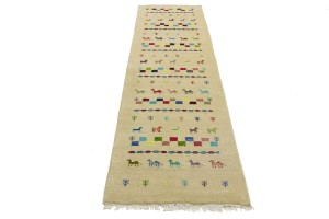 Cream/Beige Pictorial Tribal 3X10 Indo-Gabbeh Oriental Runner Rug