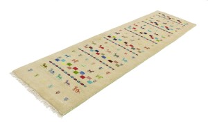 Cream/Beige Pictorial Tribal 3X10 Indo-Gabbeh Oriental Runner Rug