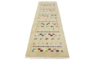 Cream/Beige Pictorial Tribal 3X10 Indo-Gabbeh Oriental Runner Rug
