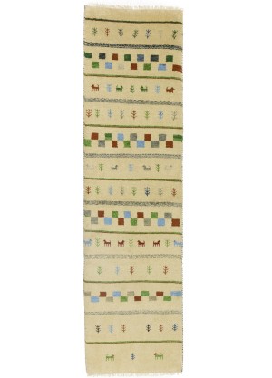 Cream/Beige Pictorial Tribal 2'7X9'5 Indo-Gabbeh Oriental Runner Rug