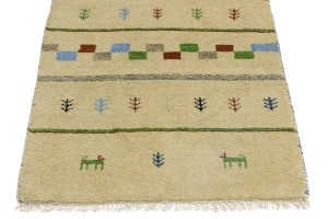 Cream/Beige Pictorial Tribal 2'7X9'5 Indo-Gabbeh Oriental Runner Rug
