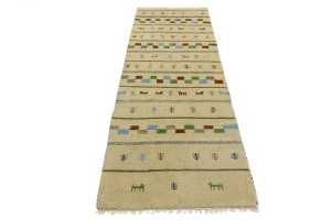 Cream/Beige Pictorial Tribal 2'7X9'5 Indo-Gabbeh Oriental Runner Rug