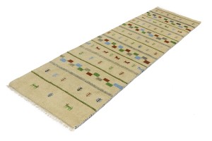 Cream/Beige Pictorial Tribal 2'7X9'5 Indo-Gabbeh Oriental Runner Rug