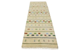 Cream/Beige Pictorial Tribal 2'7X9'5 Indo-Gabbeh Oriental Runner Rug