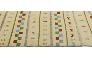 Cream/Beige Pictorial Tribal 2'7X9'5 Indo-Gabbeh Oriental Runner Rug