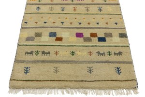 Cream/Beige Pictorial Tribal 2'7X9'8 Indo-Gabbeh Oriental Runner Rug