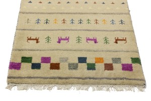 Cream/Beige Pictorial Tribal 2'7X9'8 Indo-Gabbeh Oriental Runner Rug