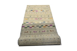 Cream/Beige Pictorial Tribal 2'7X9'8 Indo-Gabbeh Oriental Runner Rug