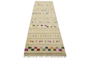 Cream/Beige Pictorial Tribal 2'7X9'8 Indo-Gabbeh Oriental Runner Rug