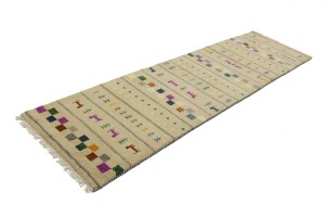 Cream/Beige Pictorial Tribal 2'7X9'8 Indo-Gabbeh Oriental Runner Rug