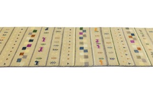Cream/Beige Pictorial Tribal 2'7X9'8 Indo-Gabbeh Oriental Runner Rug