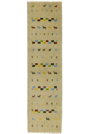 Cream/Beige Pictorial Tribal 3X10 Indo-Gabbeh Oriental Runner Rug