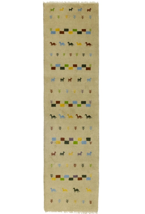 Cream/Beige Pictorial Tribal 3X10 Indo-Gabbeh Oriental Runner Rug