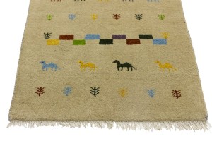 Cream/Beige Pictorial Tribal 3X10 Indo-Gabbeh Oriental Runner Rug