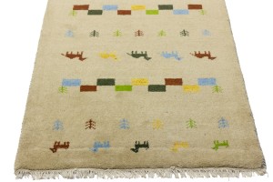 Cream/Beige Pictorial Tribal 3X10 Indo-Gabbeh Oriental Runner Rug