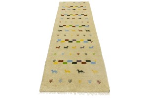 Cream/Beige Pictorial Tribal 3X10 Indo-Gabbeh Oriental Runner Rug