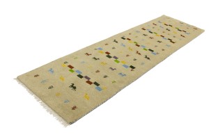 Cream/Beige Pictorial Tribal 3X10 Indo-Gabbeh Oriental Runner Rug