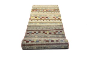 Cream/Beige Pictorial Tribal 2'6X9'7 Indo-Gabbeh Oriental Runner Rug