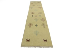 Cream Pictorial Tribal 3X13 Indo-Gabbeh Oriental Runner Rug