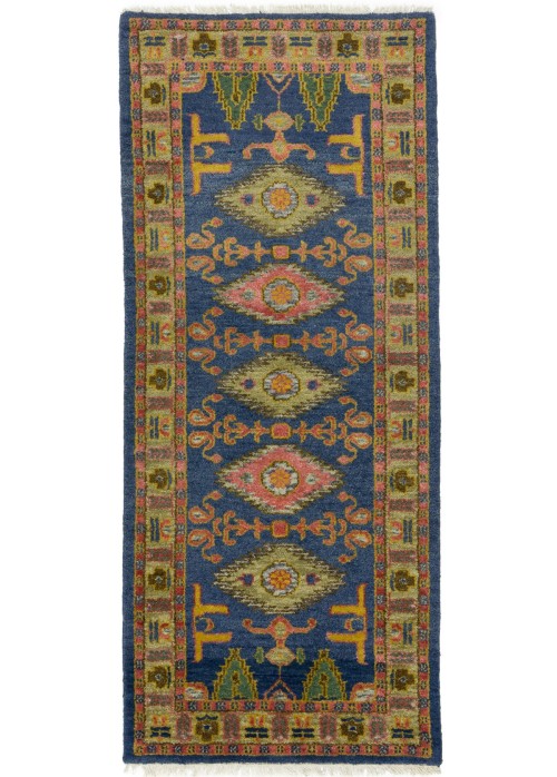 Blue Geometric 2'9X6'6 Kazak Oriental Runner Rug