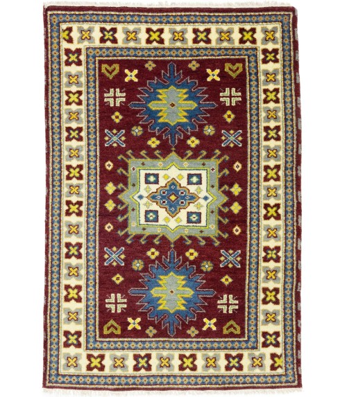 Maroon Red Geometric 4X6 Kazak Oriental Rug