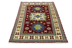 Maroon Red Geometric 4X6 Kazak Oriental Rug
