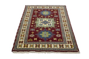 Maroon Red Geometric 4X6 Kazak Oriental Rug