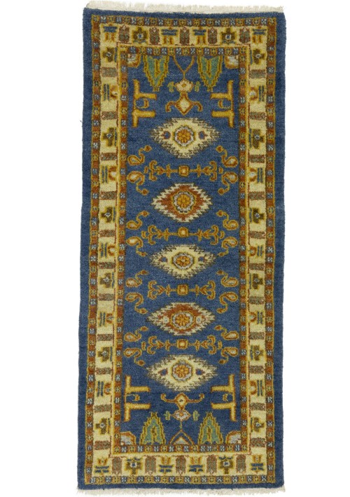 Blue Geometric 2'8X6'4 Kazak Oriental Runner Rug