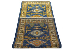 Blue Geometric 3X8 Kazak Oriental Runner Rug