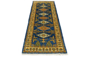 Blue Geometric 3X8 Kazak Oriental Runner Rug