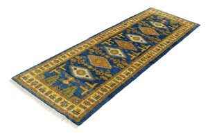 Blue Geometric 3X8 Kazak Oriental Runner Rug