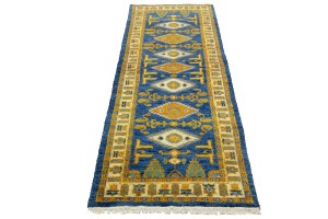 Blue Geometric 3X8 Kazak Oriental Runner Rug