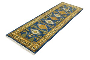 Blue Geometric 3X8 Kazak Oriental Runner Rug