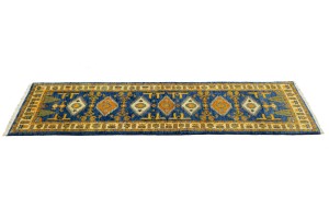 Blue Geometric 3X8 Kazak Oriental Runner Rug