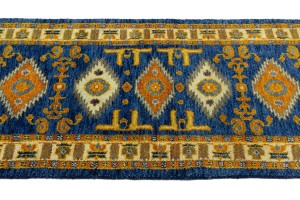 Blue Geometric 3X8 Kazak Oriental Runner Rug