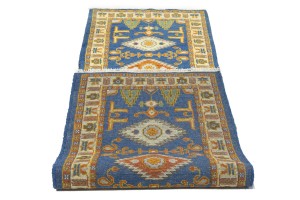 Blue Geometric 3X8 Kazak Oriental Runner Rug
