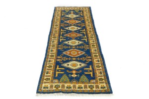 Blue Geometric 3X8 Kazak Oriental Runner Rug