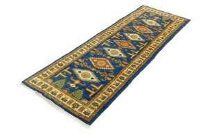 Blue Geometric 3X8 Kazak Oriental Runner Rug