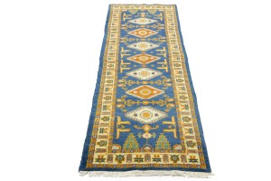 Blue Geometric 3X8 Kazak Oriental Runner Rug